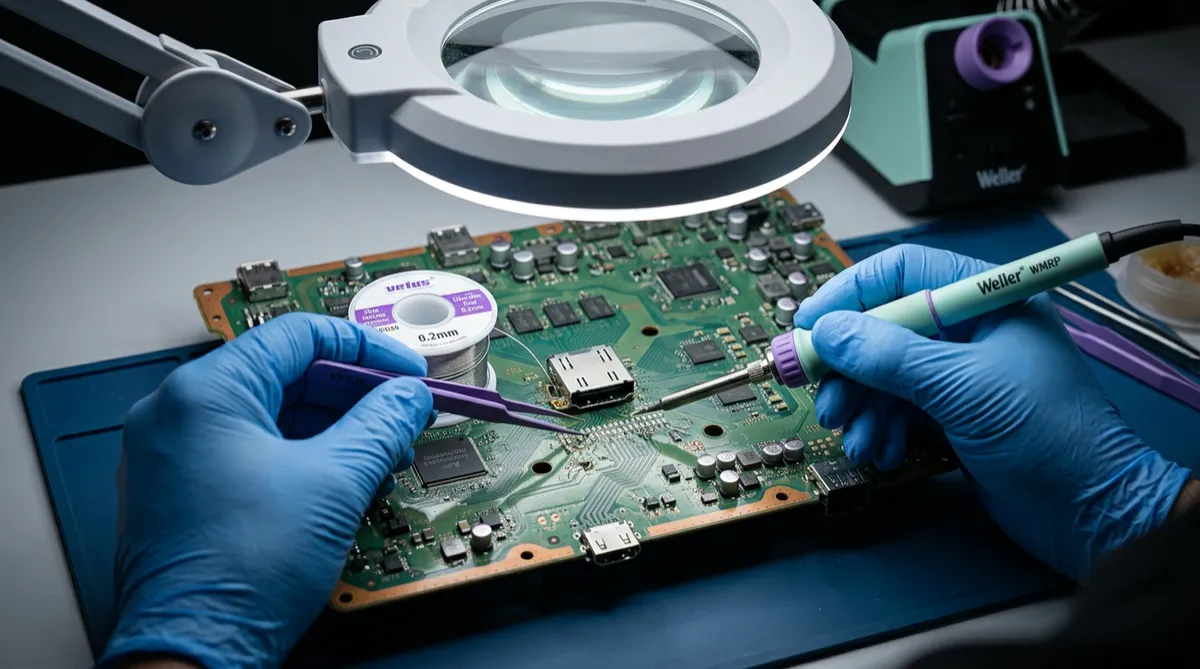 Console HDMI port repair and micro-soldering station inspection