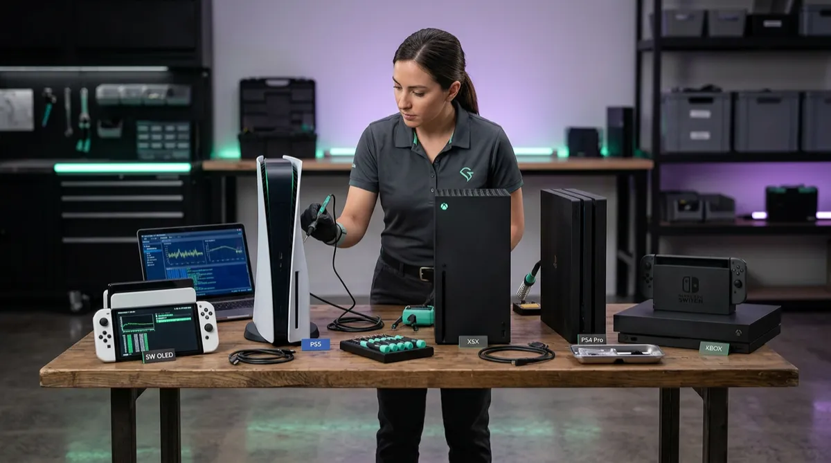 Multiple gaming console systems setup for commercial diagnostics and repairs