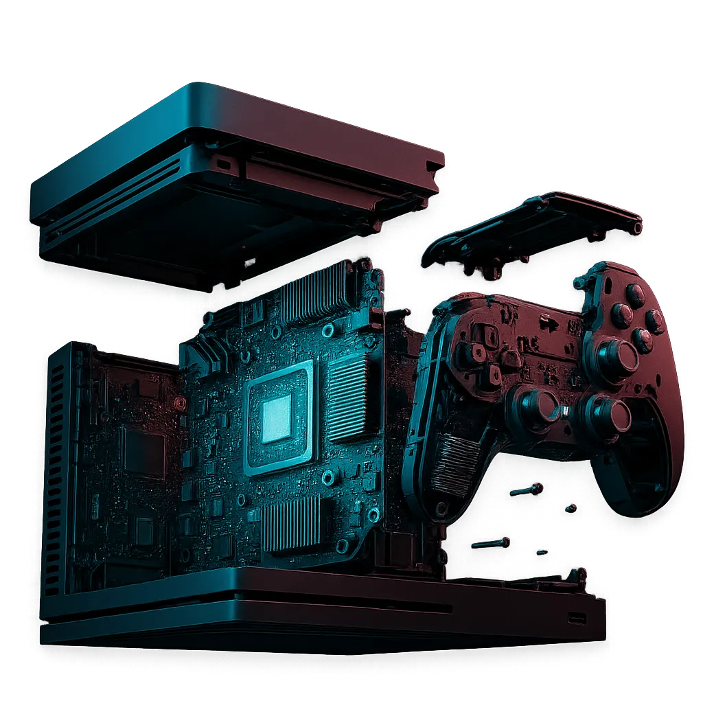 Dissected modern gaming console showing precision internal circuitry, heatsinks, and motherboard engineering