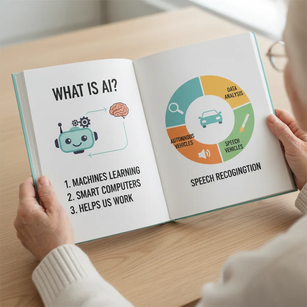 A close-up of an open guidebook showing large, easy-to-read text and colorful illustrations explaining AI concepts. The hands of an older woman gently hold the pages. The background is a soft, neutral table surface, creating a sense of clarity and focus.