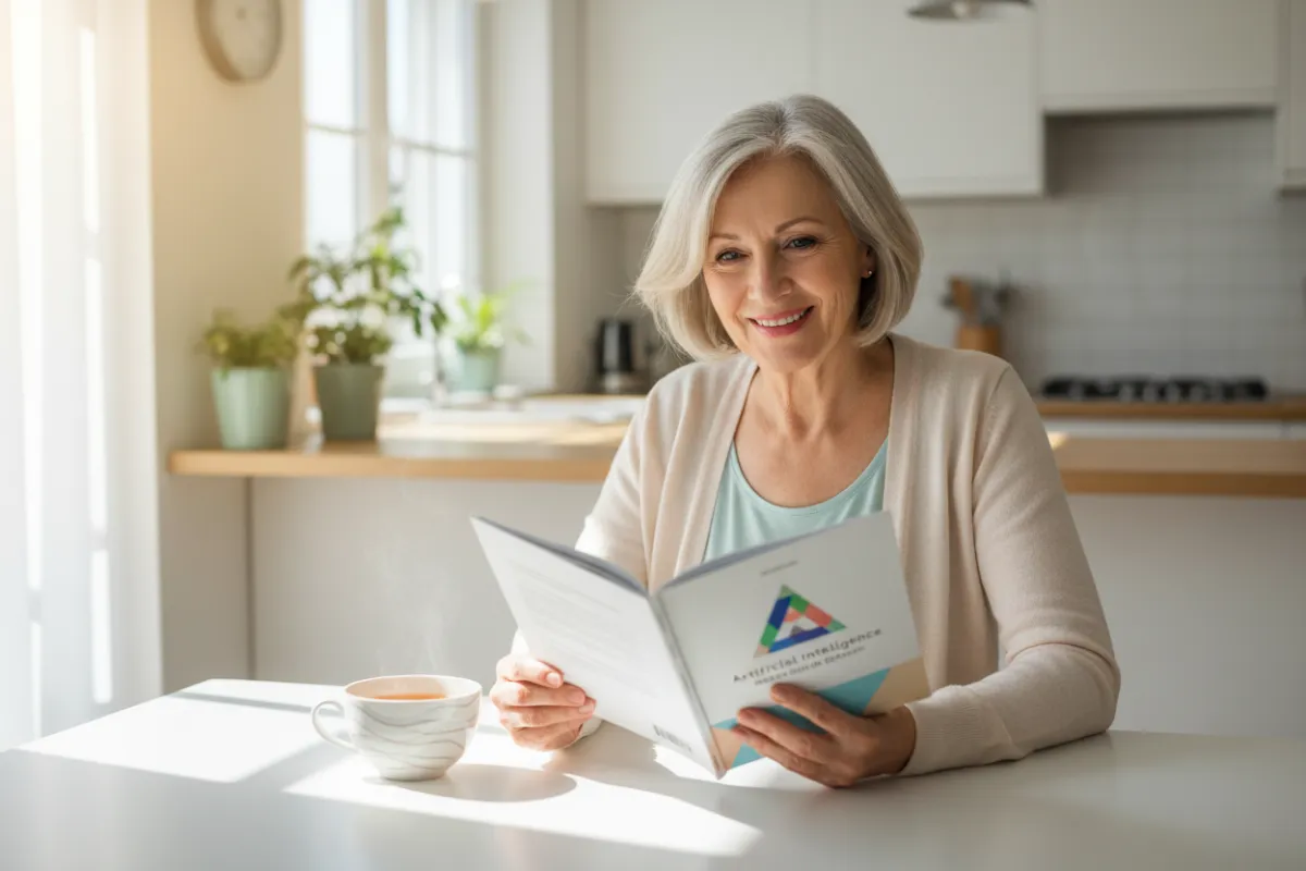 A smiling woman in her 60s sits at a sunlit kitchen table, reading a colorful AI guide booklet with a cup of tea beside her. The background is softly blurred, evoking a calm, inviting atmosphere. The scene is warm, approachable, and modern, with gentle natural light.