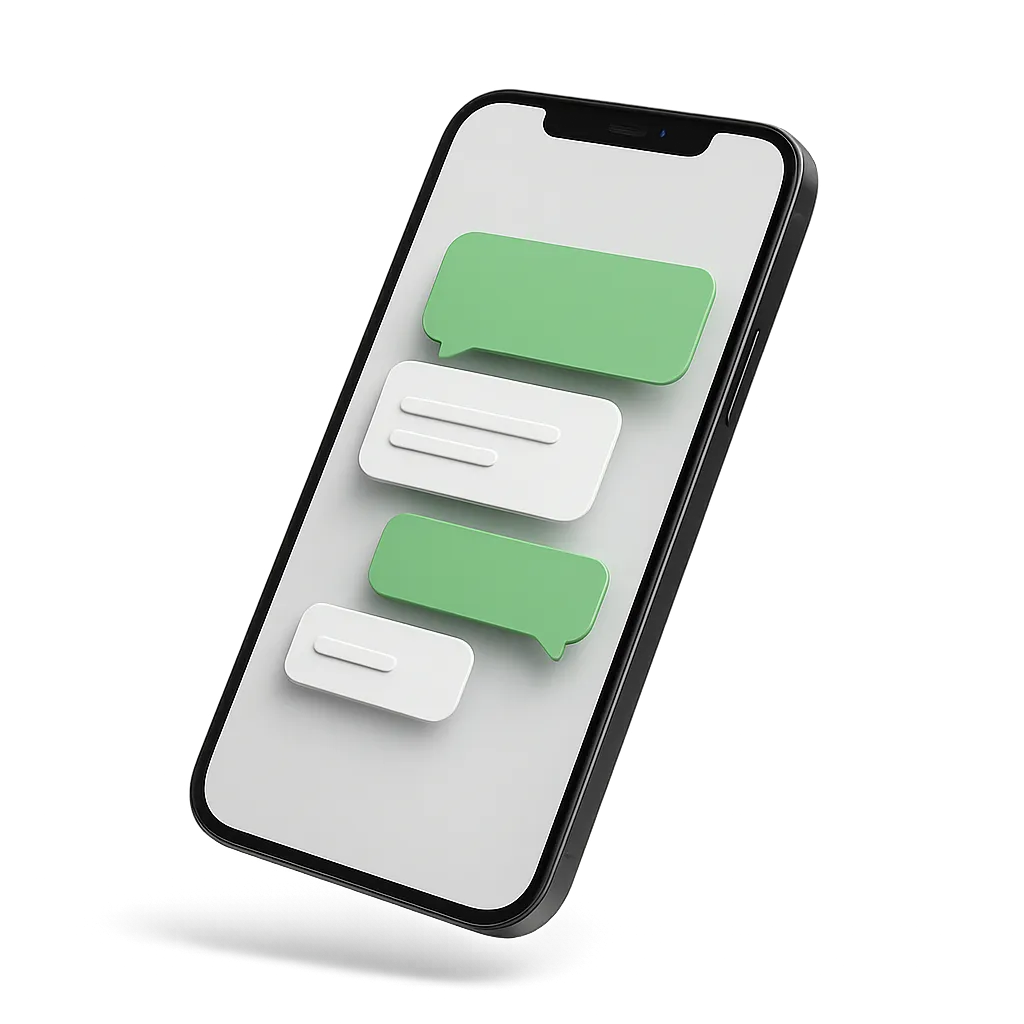 Floating modern smartphone showing an SMS conversation with AI responding to property inquiries