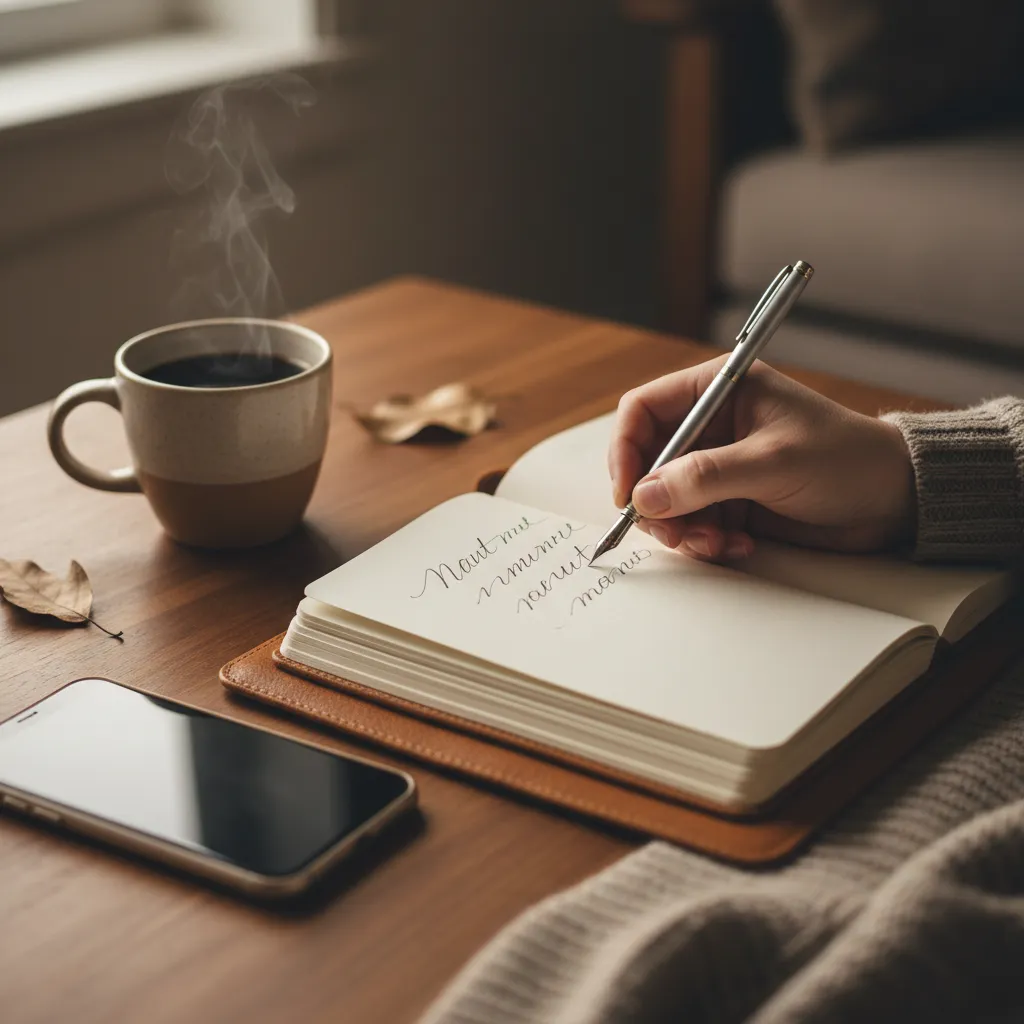 A close-up of a hand writing a message in a stylish notebook, with a smartphone and a cup of coffee nearby on a wooden table. The scene is cozy and inviting, suggesting approachability and open communication in a relaxed environment.