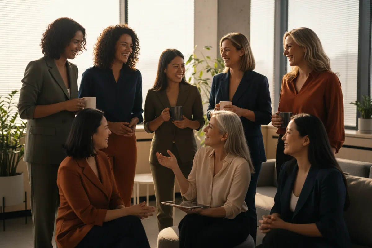 An AI-generated image of a diverse group of women coaches collaborating around a table in a warm, cozy workspace. The image features only women and conveys collaboration and friendliness.