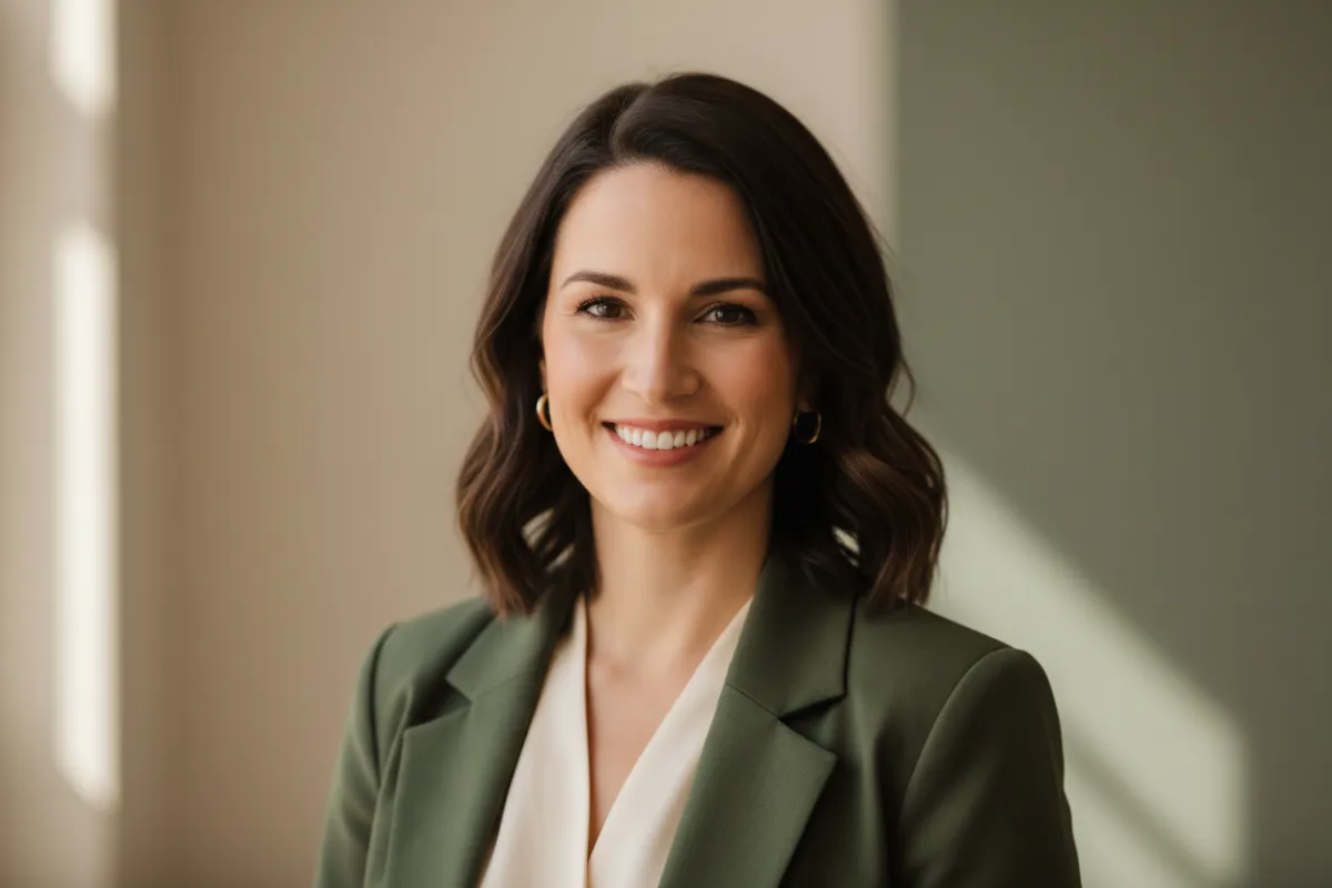 Photorealistic medium-close portrait of a confident, friendly woman, styled in brand colors, natural lighting, optimized for a CTA column layout.