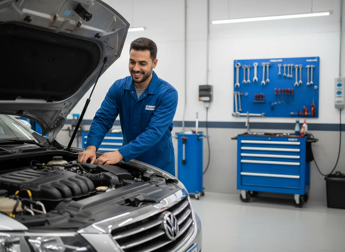 Mecânico sorridente realizando manutenção em veículo em oficina moderna