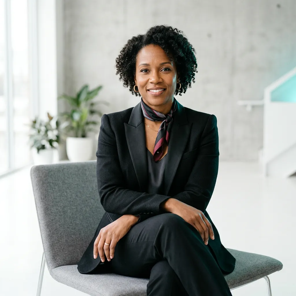 Editorial modern businesswoman working on autonomous sales growth systems in a minimalist bright studio