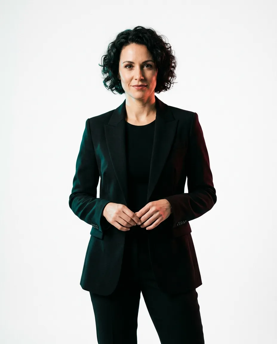 High-contrast editorial portrait of an industry authority in a sharp modern studio