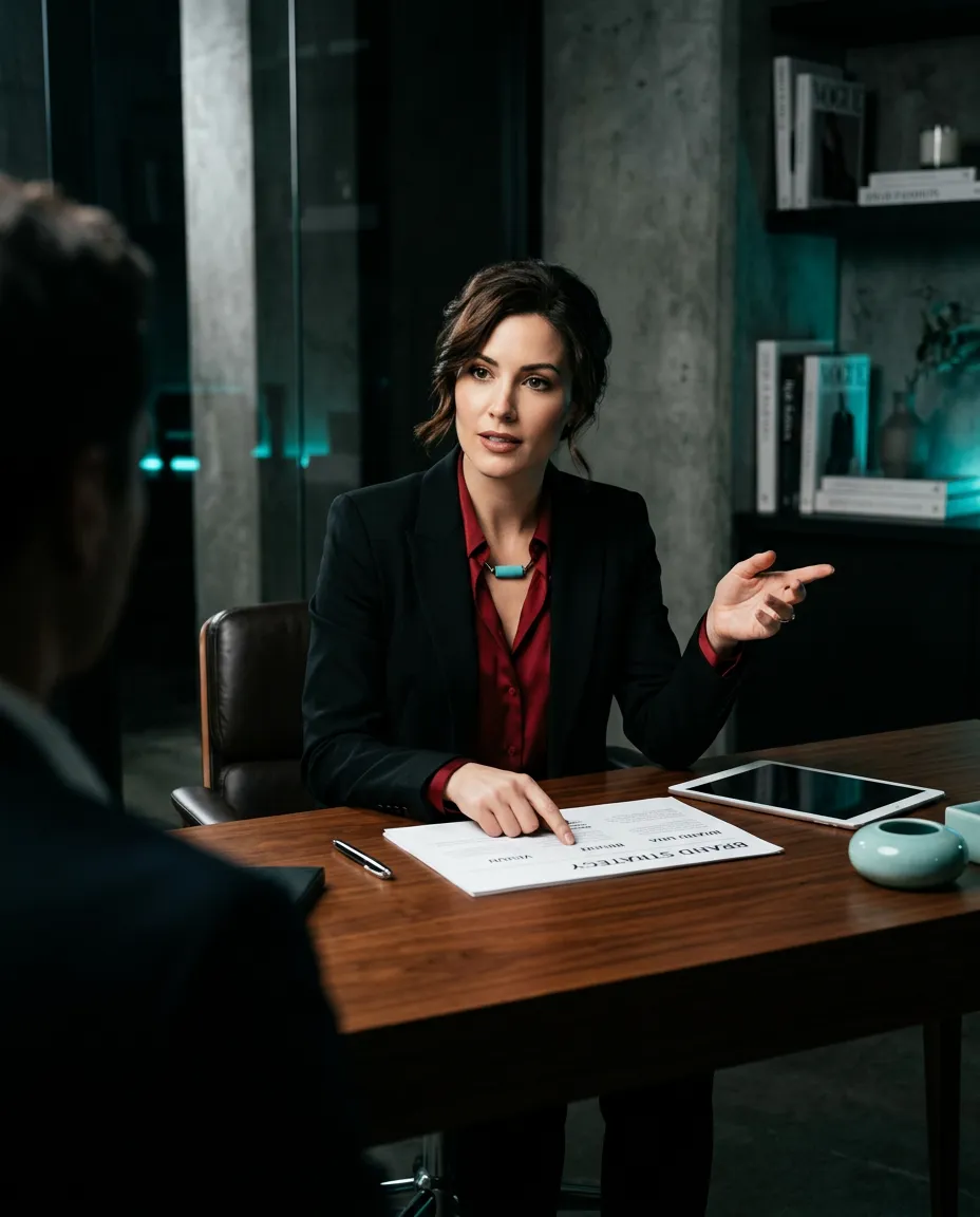 High-fashion executive workspace and strategic brand consultant in discussion