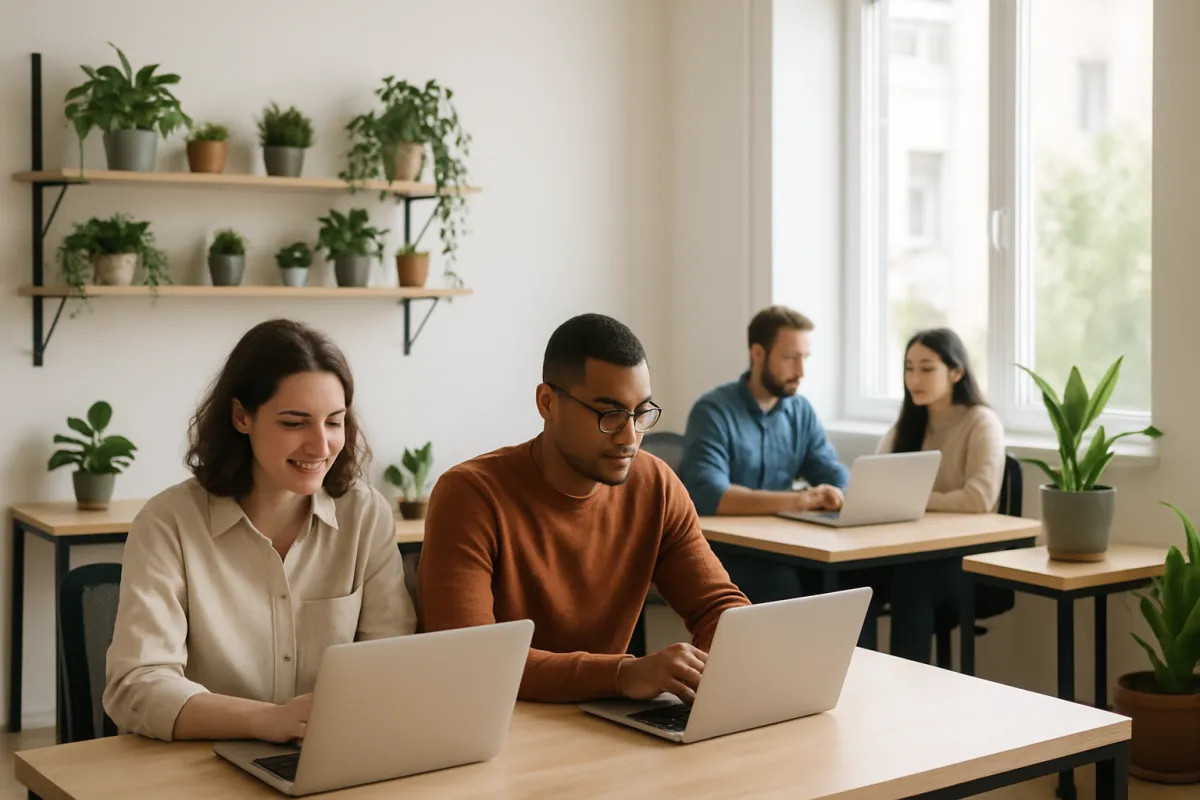 Bright modern co-working office with a small team collaborating at laptops, plants on shelves, with warm natural window light.