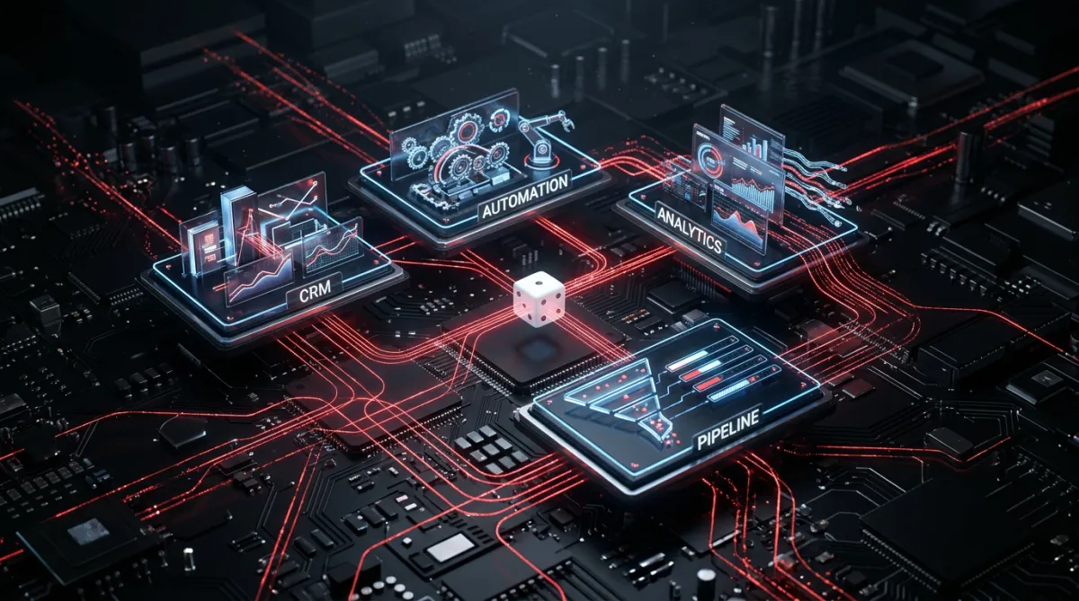3D technology circuit visual with subtle red pulses and central Project13Media dice motif