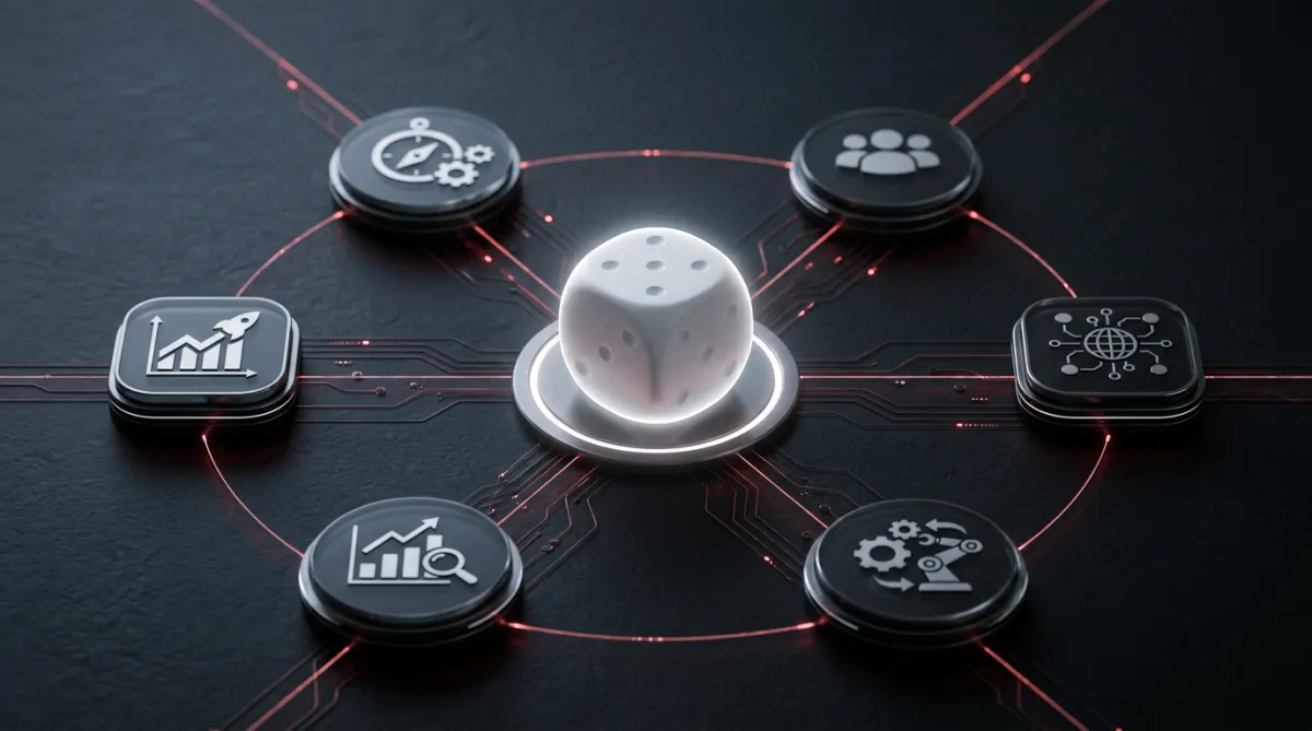 3D interconnected business ecosystem with central Project13Media dice motif and connected nodes