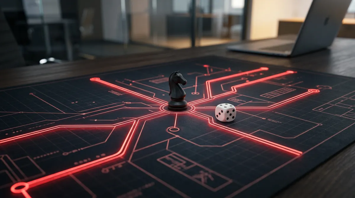 3D blueprint strategy visual with red illuminated pathways and chess piece, with subtle Project13Media dice motif