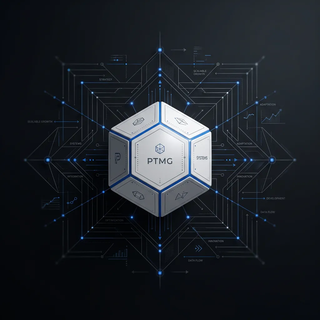 A minimalist 3D render of a strategic white geometric dice with subtle blue architectural lines, representing multidimensional systems and strategic clarity