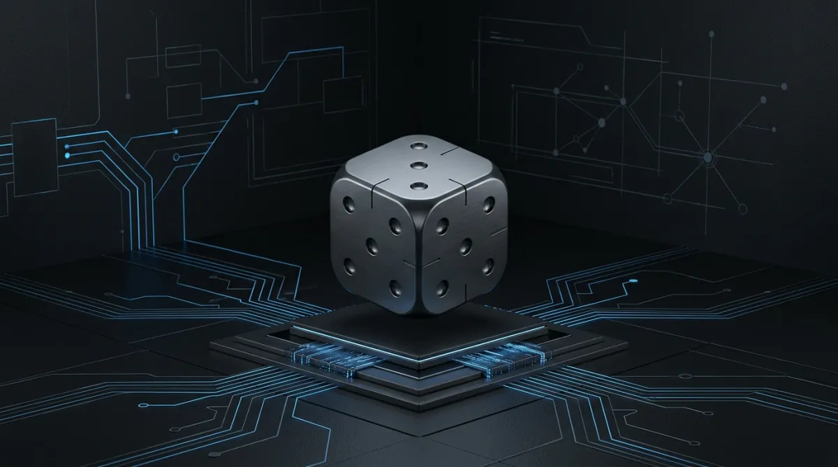 PTMG brand visual: matte-black 3D dice hovering over subtle electric-blue (#155EEF) circuitry in a premium technology environment