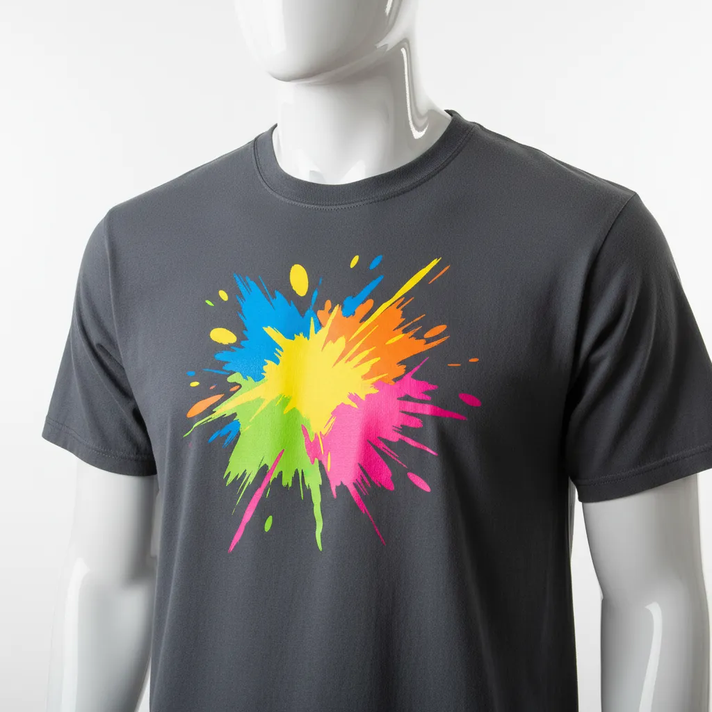 A close-up of a custom screenprinted t-shirt with a bold, colorful logo, displayed on a mannequin torso in a bright studio. The shirt features a unique design and vibrant ink colors.