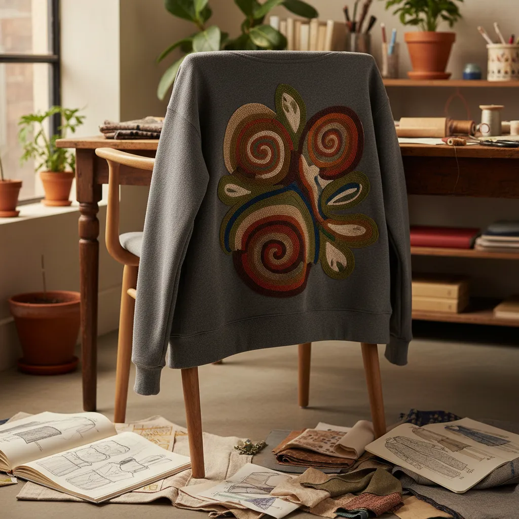 A cozy custom hoodie with a unique embroidered patch, draped over a chair in a creative workspace. The hoodie is surrounded by sketchbooks and fabric swatches, evoking a sense of design in progress.