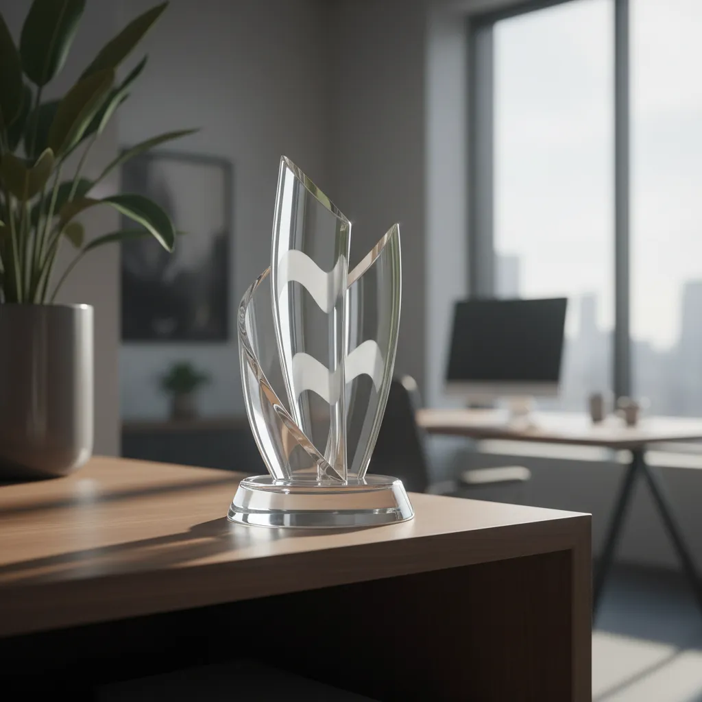 A gleaming engraved glass award with a custom inscription, standing on a wooden shelf in a sunlit office. The award reflects light, highlighting its precision and elegance.