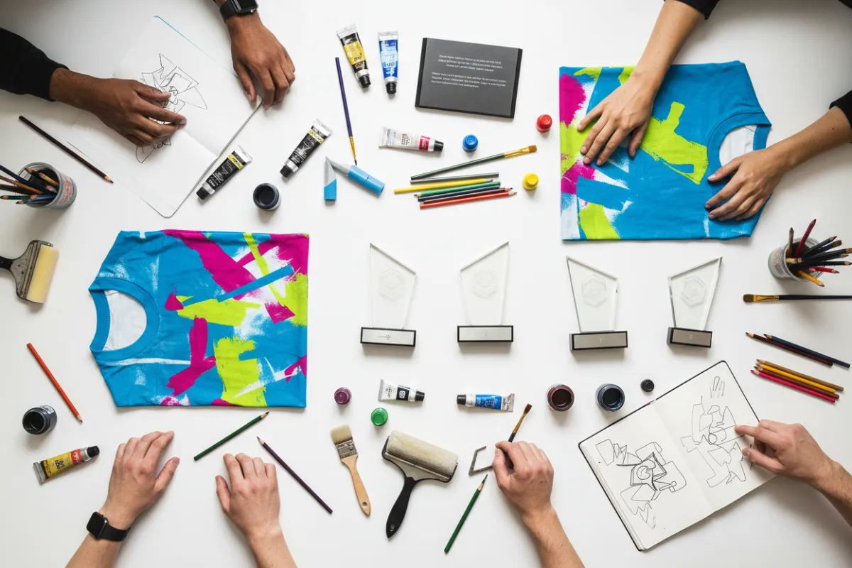 A vibrant flat lay of custom screenprinted t-shirts and engraved awards, arranged on a white table with colorful design tools scattered around. The scene features diverse hands reaching in, suggesting collaboration and creativity.