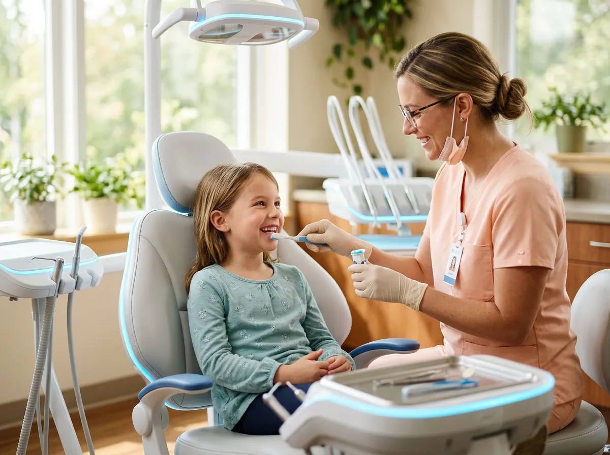 Gentle pediatric dental cleaning procedure with smiling hygienist and child