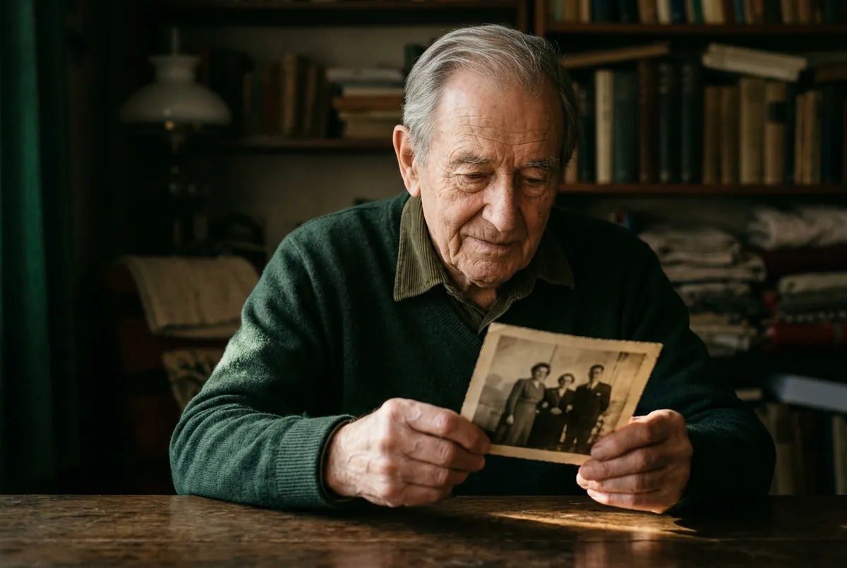 Calm and intimate portrait of an elderly storyteller sharing cherished family memoirs over tea