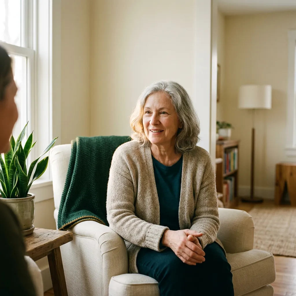 An older adult sitting comfortably in an armchair, smiling warmly while being actively and respectfully listened to in a serene home setting