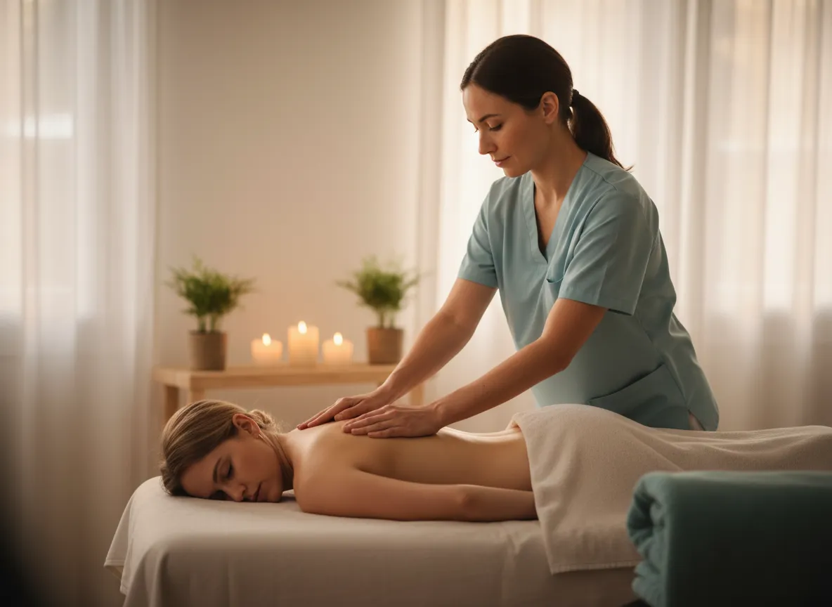 Massage therapist providing a calm, hands-on massage session