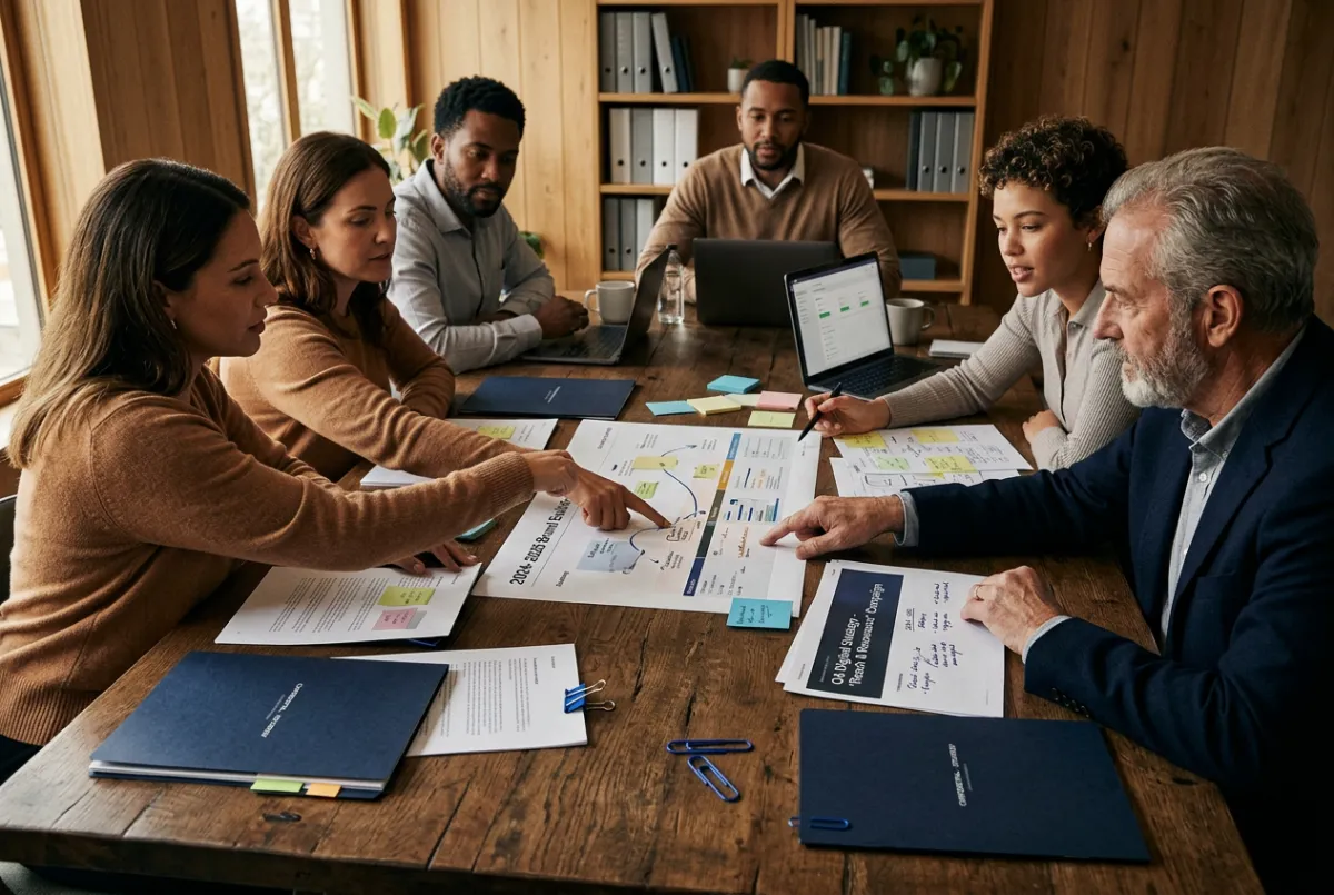 Corporate strategy team collaborating on brand roadmap and commercial campaign execution
