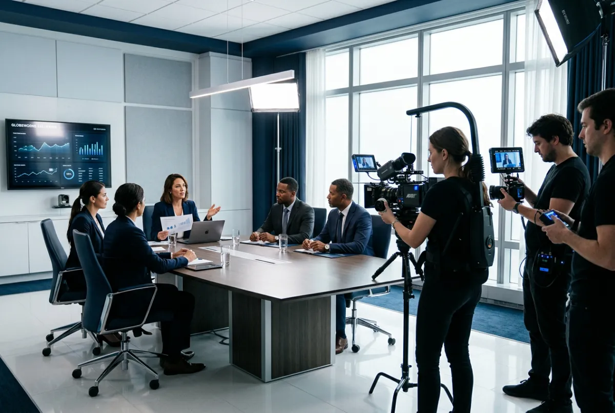 Corporate commercial film production capturing professional business executives in modern board room