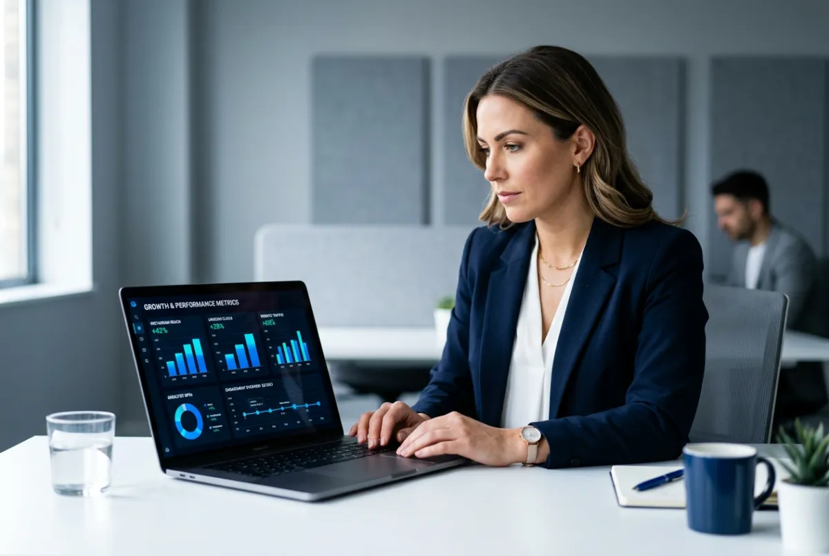 Digital marketing executive reviewing cross-platform social media growth dashboard on laptop