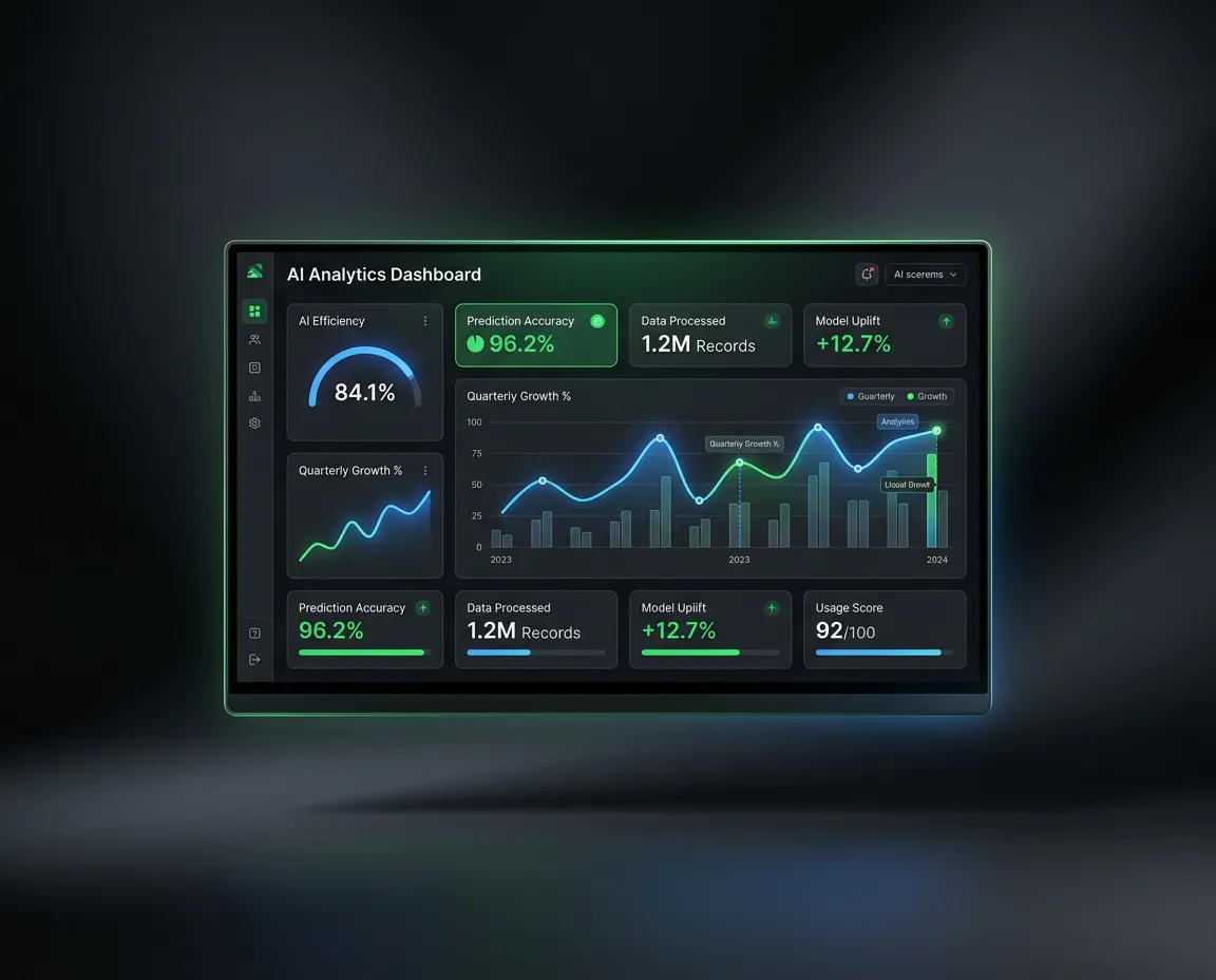 AI Analytics Dashboard showing business growth and efficiency metrics