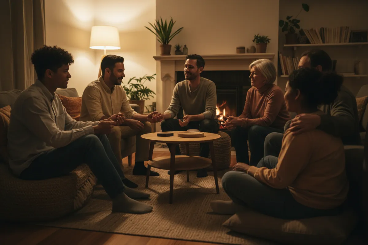 A diverse group of people in a cozy living room, sitting in a supportive circle, some holding hands, others smiling and listening attentively.