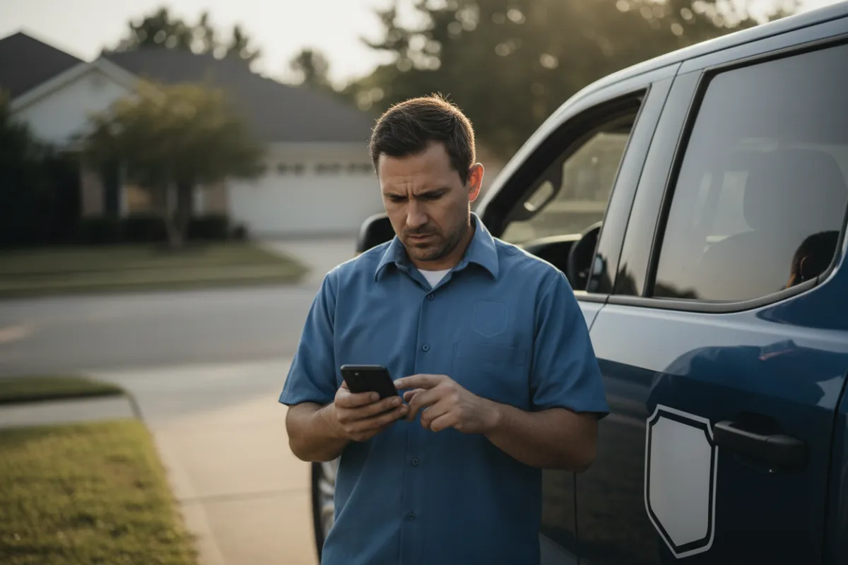 Stressed contractor looking at personal cell phone