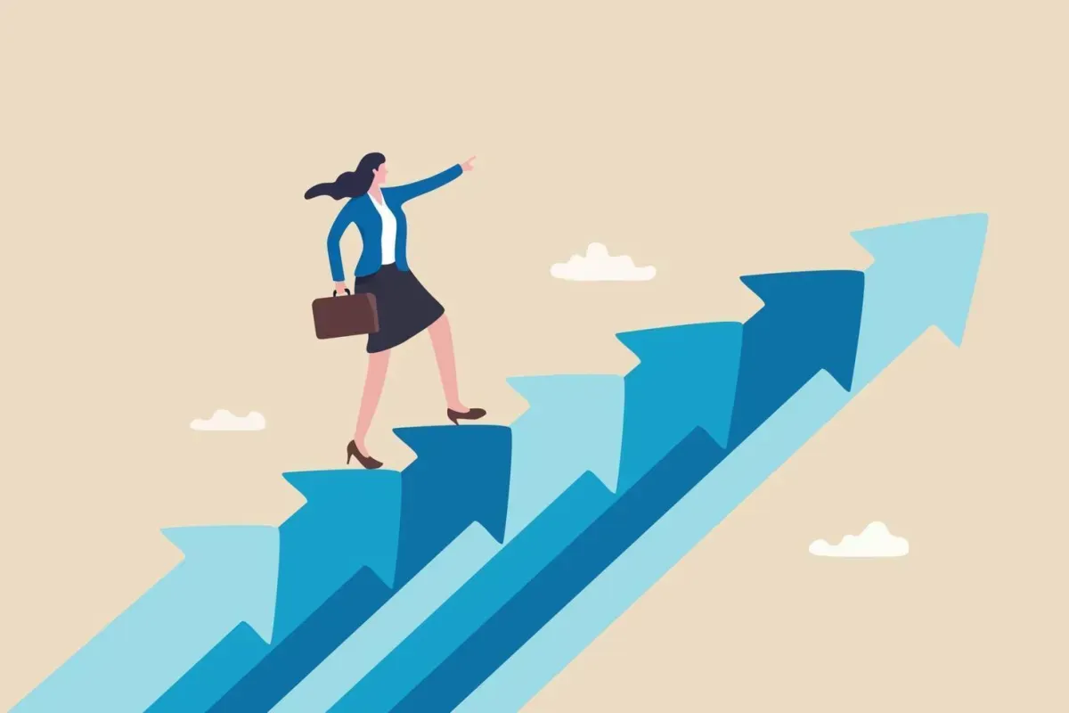 Woman stepping up arrows illustration