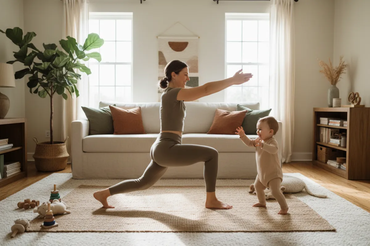 Woman exercising at home with her child beside her