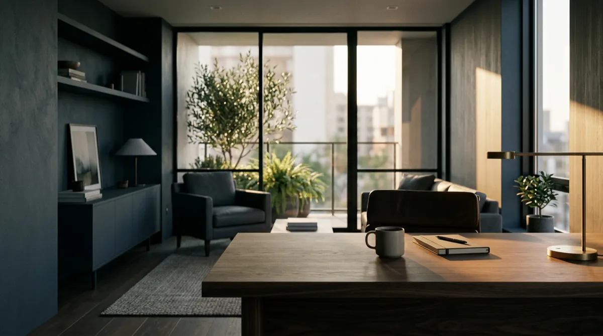Serene architectural sanctuary with gentle natural sunlight creating a peaceful atmosphere for executive reflection