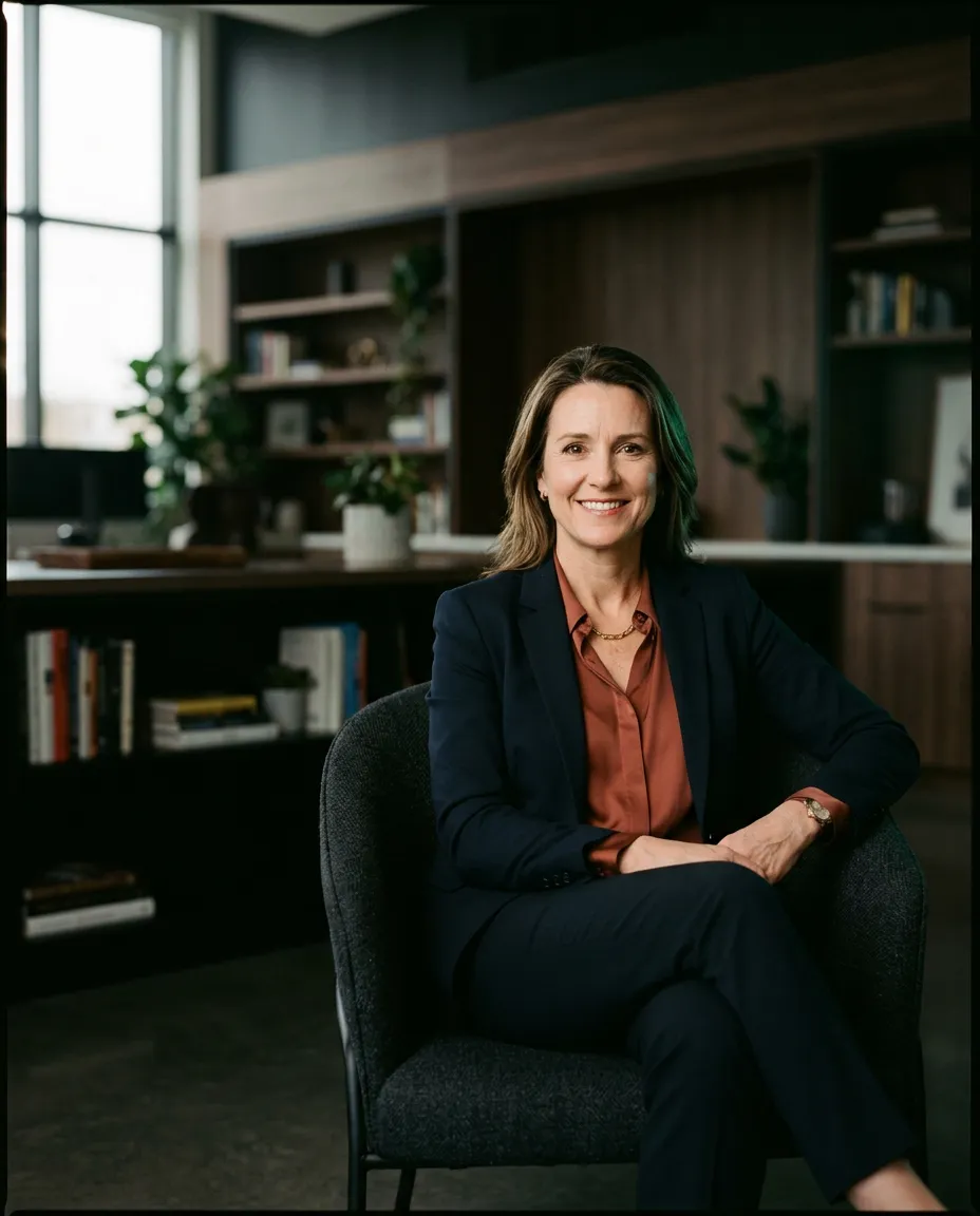 Warm and authoritative executive coach portrait in a soft-focus studio setting