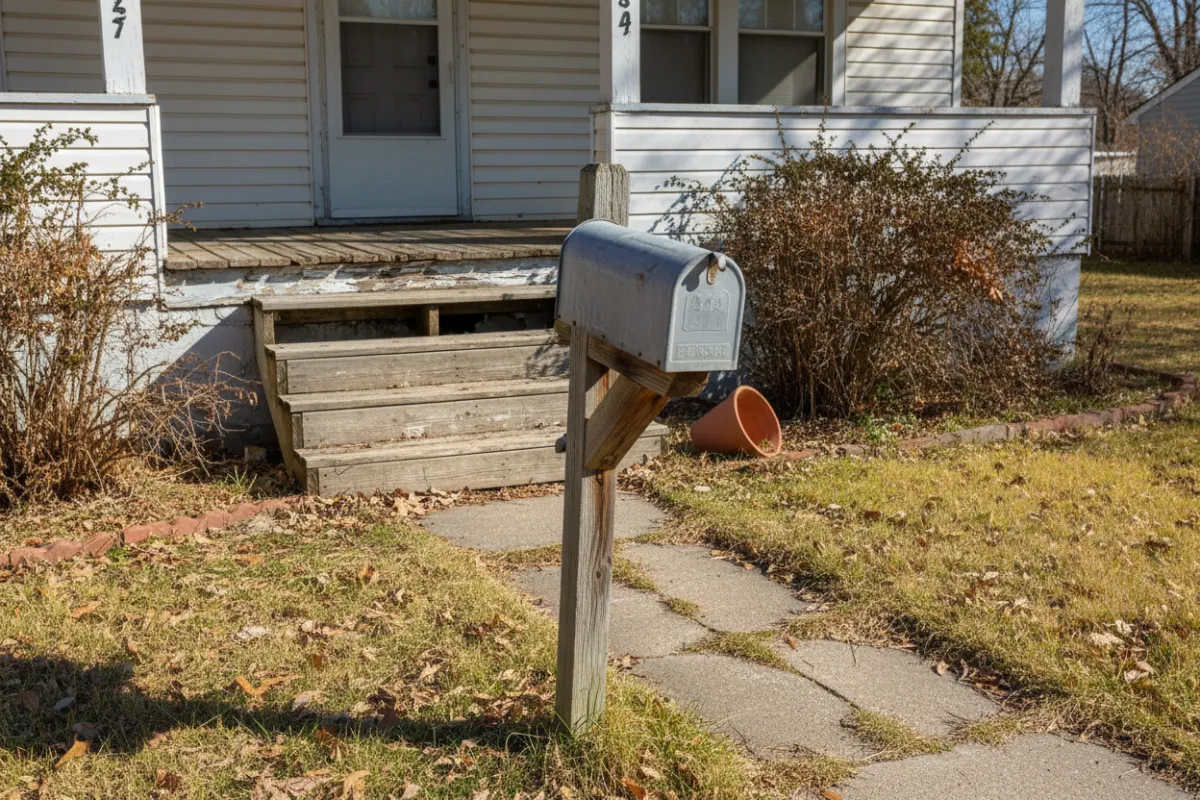 Close-up exterior detail of a single-family home: weathered front steps, mailbox, and yard—realistic photo emphasizing 'as-is' condition to reassure sellers we buy imperfect properties.
