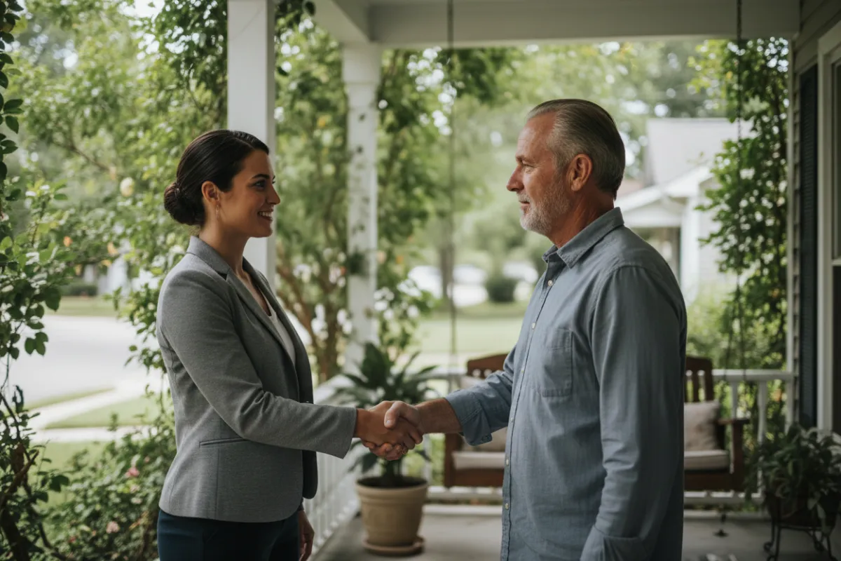 Confident RPO agent meeting a homeowner on a shaded suburban porch, handshake moment, natural daylight, candid realistic style signaling compassion and speed—used to visually communicate rapid, human-first service.