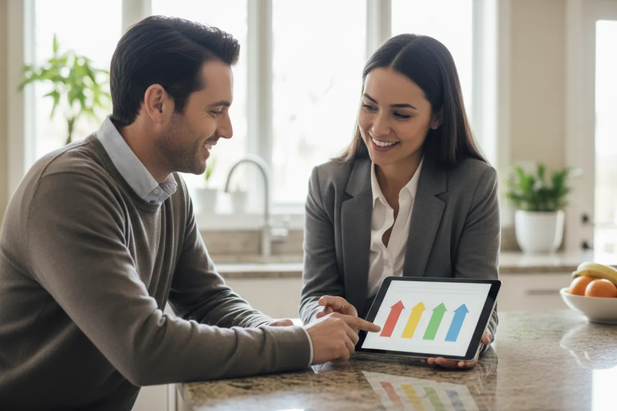 Friendly RPO representative on a tablet showing a clear offer screen to a homeowner at kitchen counter; warm natural lighting, candid photorealism communicating transparency during the offer process.