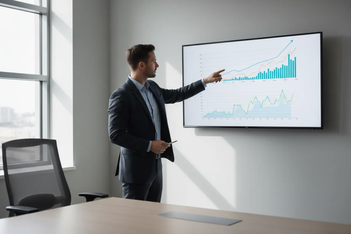Neutral office scene with local market charts on a monitor and a consultant pointing at data; modern minimal composition, high clarity, used to illustrate consulting capability.
