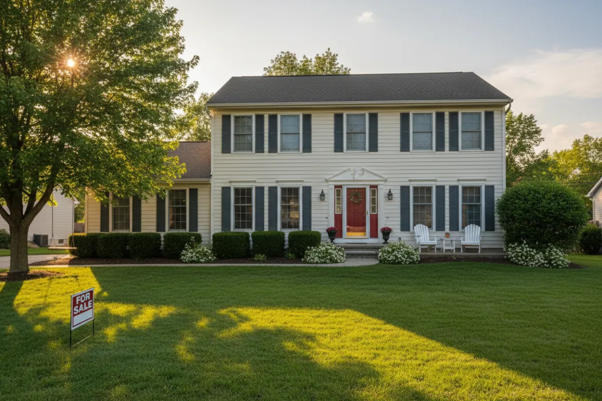 Wide photo of a suburban home exterior at golden hour, tidy front yard, warm light on siding, subtle greenery, quick-sale-ready house.