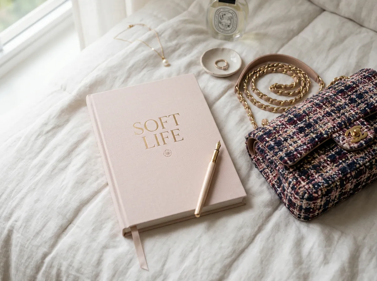 Soft Life planner and tweed handbag flatlay (no border)
