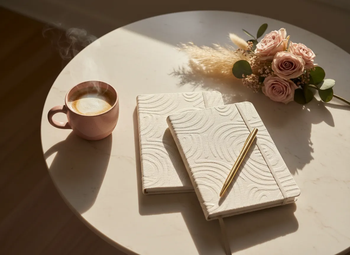 Soft Life Journal & Planner System styled on a marble table with coffee and flowers, photographed in natural light