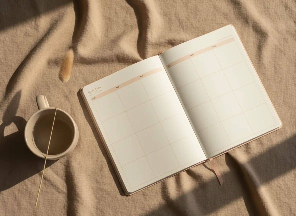 Soft Life weekly planner spread with minimal layout and neutral palette, photographed on linen fabric