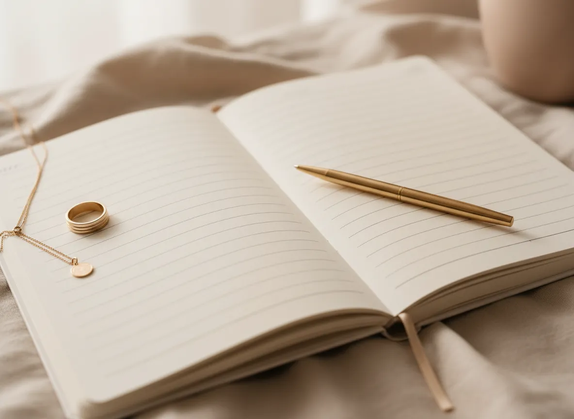 Close-up of Soft Life Journal open on daily spread with pen and delicate jewelry, realistic photograph