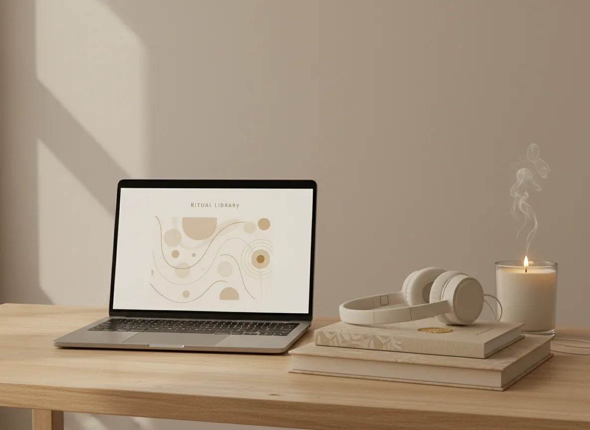 Laptop showing digital ritual library next to Soft Life Journal on a desk, realistic lifestyle photograph