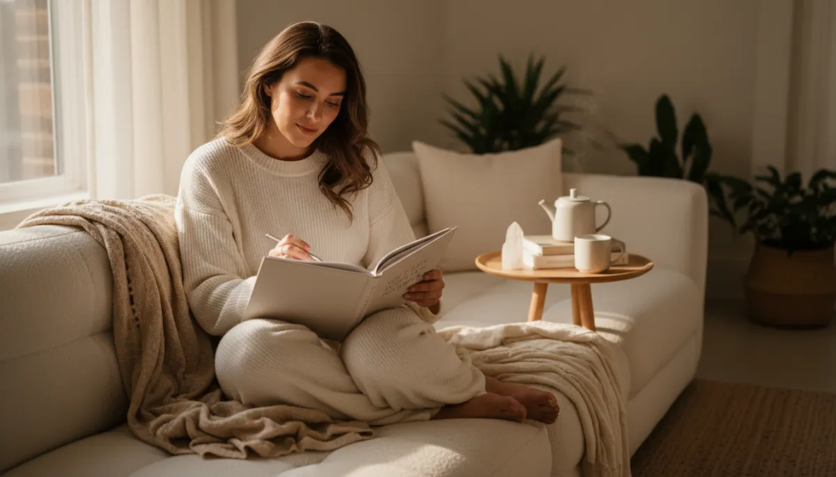 Woman journaling in the Soft Life Journal while seated on a cozy sofa with warm light and neutral decor