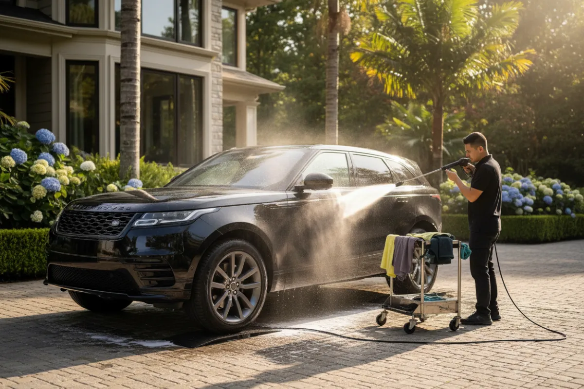 A luxury SUV being detailed in a residential driveway, with a technician using a high-pressure washer, surrounded by lush greenery and sunlight, emphasizing convenience and premium service at home.