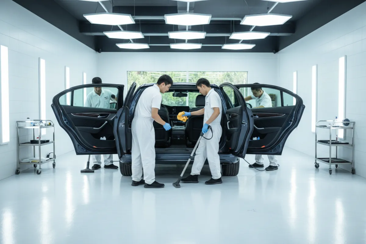 A family sedan with doors open, technicians cleaning both interior and exterior in a spotless service bay, with bright lighting highlighting the car’s renewed appearance and attention to detail.
